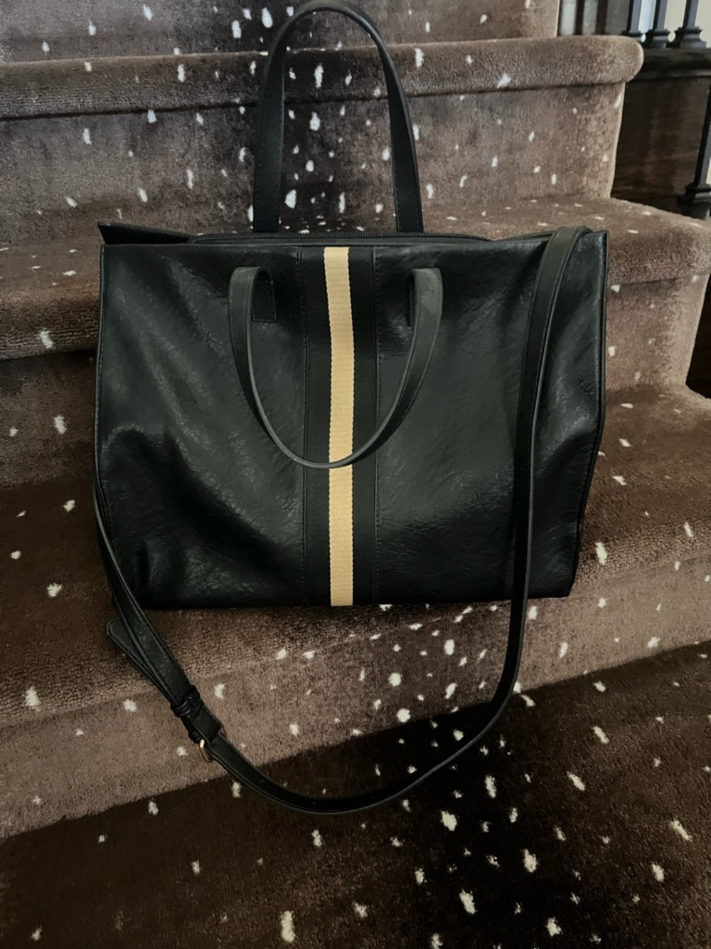 Black Tote Bag with Center Tan Stripe